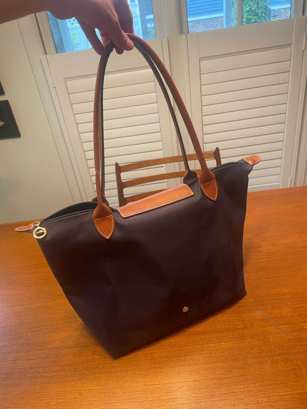 Longchamp Navy Nylon Tote with Brown Leather Trim - Picture 2 of 6